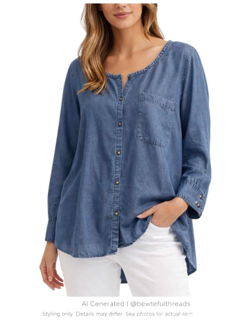 Max Jeans Tencel Chambray Button Front Tunic Blouse L Soft Denim Blue